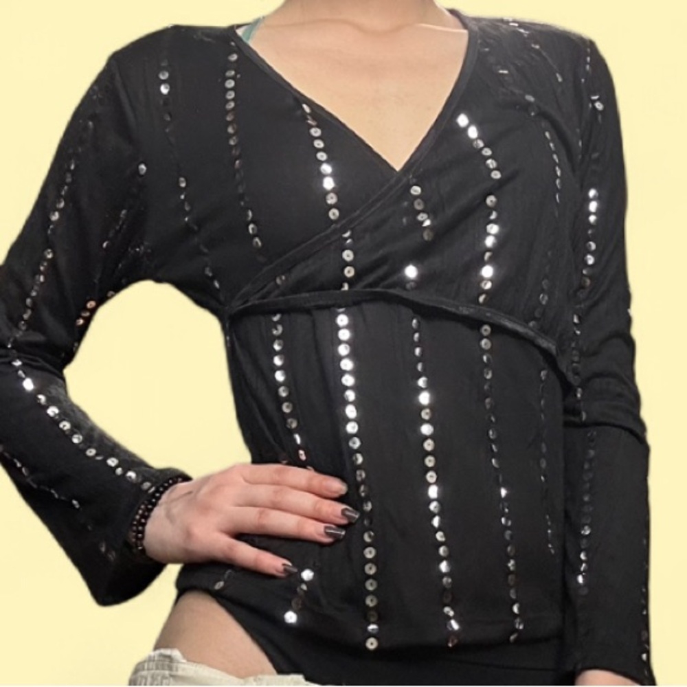 Vintage Y2K Black Sequin Wrap Top - Picture 2 of 8